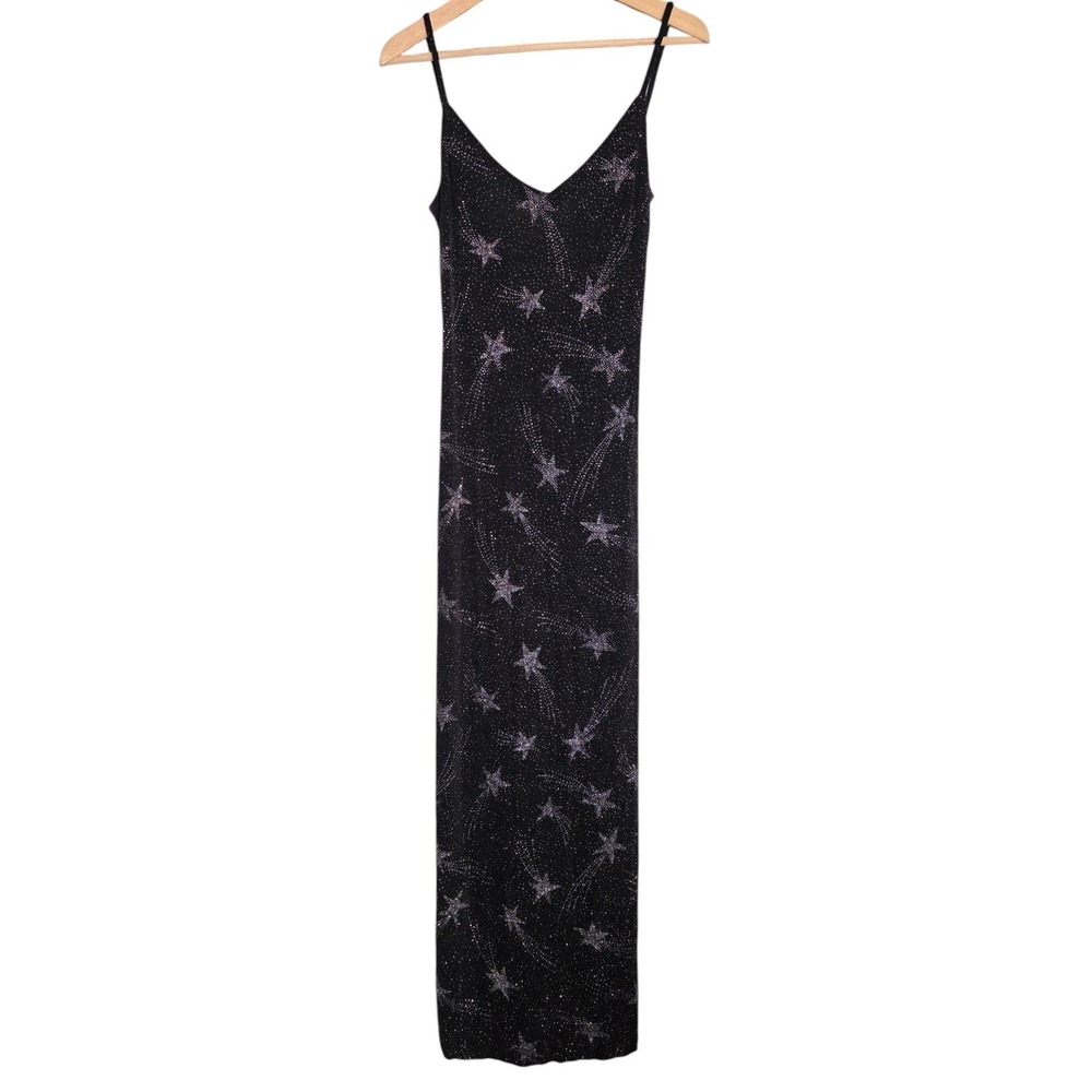 90s Slinky Black Rainbow Glitter Stars Low Back Formal Gown Zum Zum Niki Livas